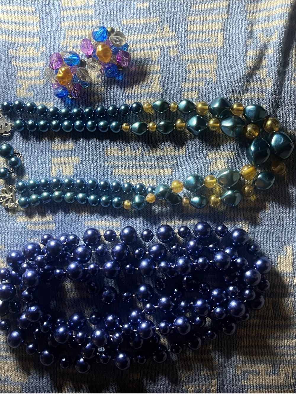 Set of Blue and Gold Beaded Necklaces with bead clip earrings